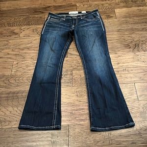 BKE denim Sabrina Fit size 32 Long Dark denim with heavy stitching Gold tone.